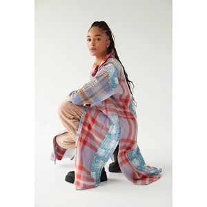Free People Patchwork Plaid Maxi Coat in Lavender, Red & Blue